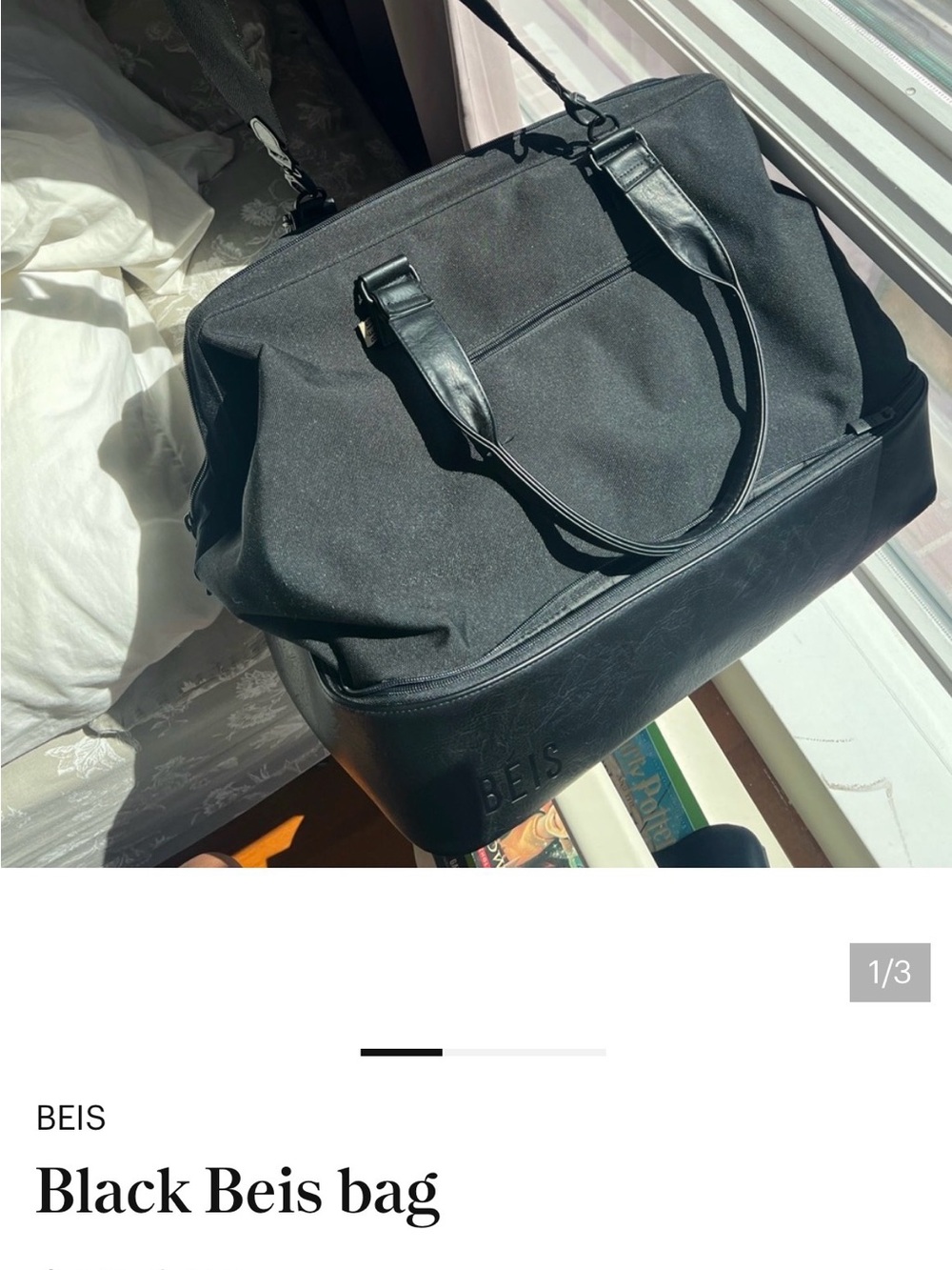 BEIS Black Travel Duffel with Leather-Trim Base